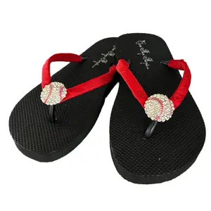 Ribbon Baseball Rhinestone Flip Flops , Red or Choose Color, Sparkly Embellishment Sandals for Ballpark Moms