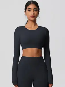 Women's Solid Long Sleeve Crop Sports Tee, Casual Comfy Breathable Round Neck Cropped Top for Yoga Gym Workout Running, Ladies Sportswear for All Seasons