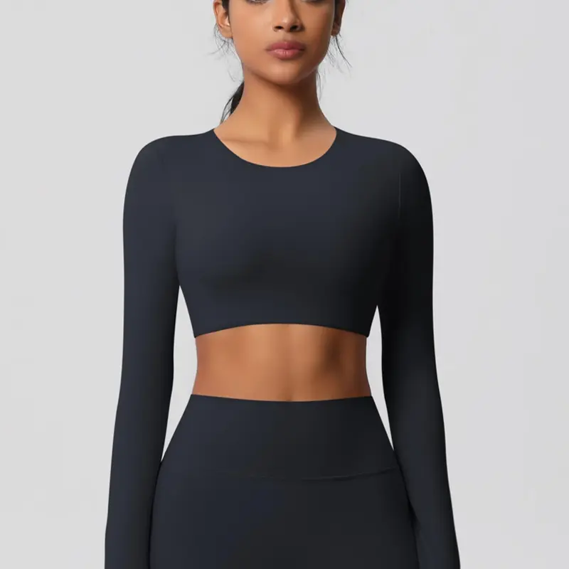 Women's Solid Long Sleeve Crop Sports Tee, Athletic Activewear, Athletic Apparel, Casual Comfy Breathable Round Neck Cropped Top for Yoga Gym Workout Running, Ladies Sportswear for All Seasons, Stretchy Workout Top, Athletic Tees