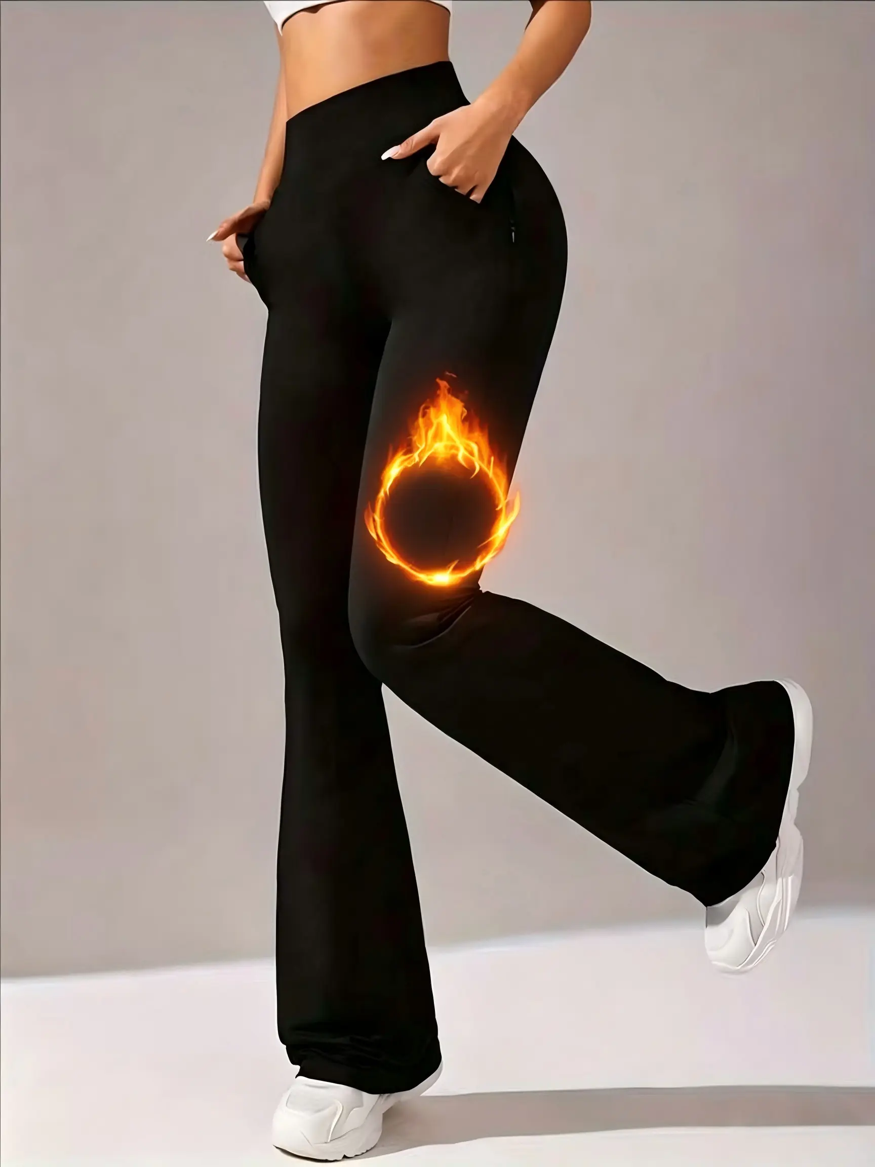 Women's winter black thin fleece flared pants, slim fit minimalist design with pockets, soft and comfortable long pants for daily wear