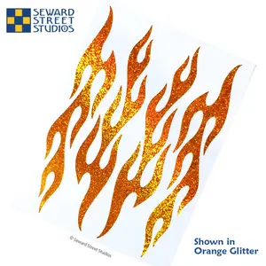 Set of 4 Orange Flames Glitter Decals, Flame Bike Helmet Stickers Sheet, Hotrod Fire Motorcycle Transfers / #876G-Orange