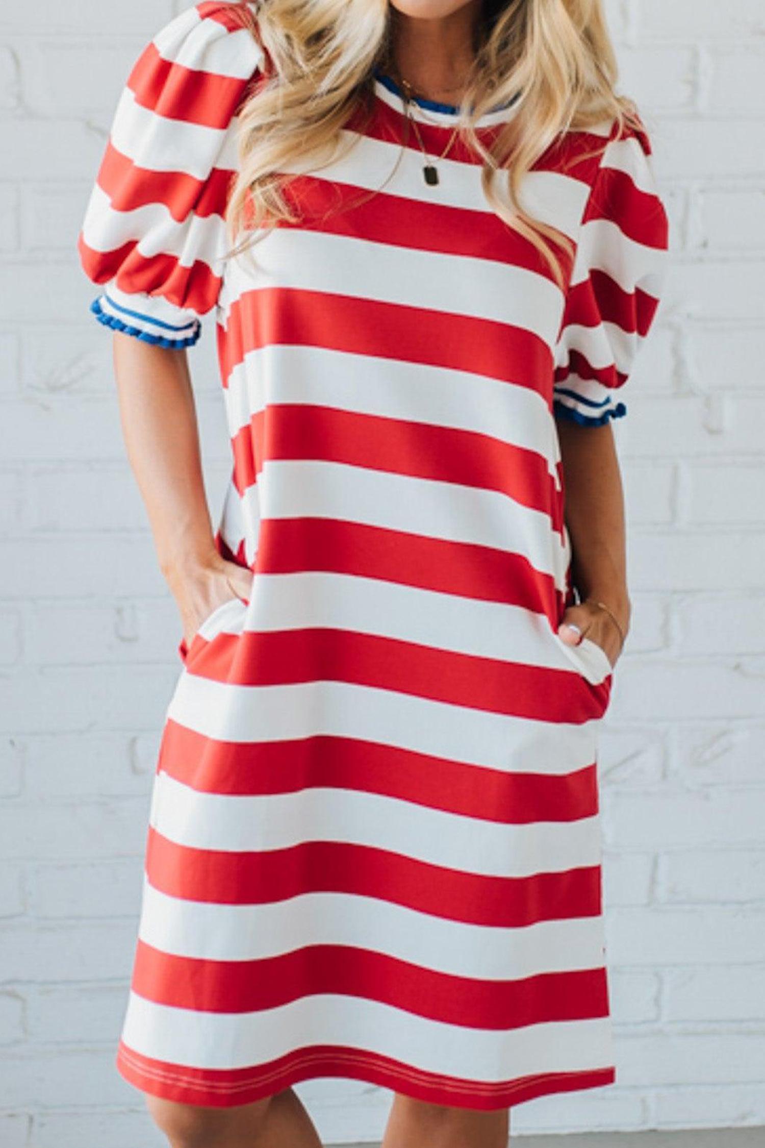 Mntaor Women's Summer Striped Shift Mini Dress - Contrast Trim, Round Neck, Puff Sleeves - Flowy, Comfortable, Y2K Aesthetic - Ideal for Office Casual, Weekend Outings - Pair with Wedges or Boots