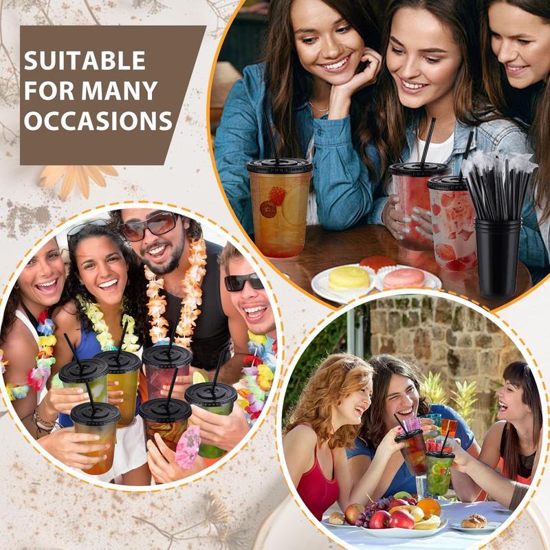 100 Set 16oz（500ml） Black Clear Plastic Cups with Lids & Straws for Iced Coffee Slushie Smoothie Lemonade Party Coffee Shop Supplies Round Bottom To-Go Cups for Cold Drinks