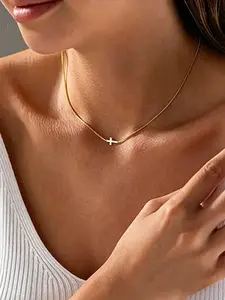 Dainty Sideways Cross Necklace for Women, Hypoallergenic 14K Gold Plated Chain, Minimalist Cross Pendant, Everyday Wear Jewelry, Delicate Box Chain Choker, Gift for Her, Trendy Layering Necklace, No Fade, Suitable for Sensitive Skin