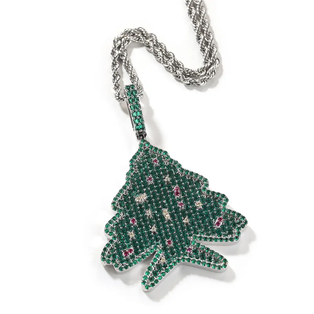 Hip Hop Christmas Tree Necklace, Coated Metal Geometric Pendant with Full Rhinestones, Unisex Chic Jewelry (Note: Choking Hazard Small Parts)