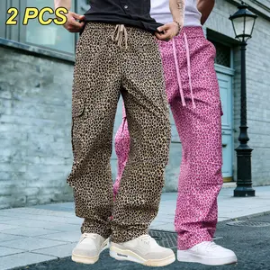 Men's Leopard Print Cargo Wide-Leg Pants, Trendy Streetwear Loose Long Trousers with Drawstring Elastic Waistband, Multiple Pockets, 2 Color Options, Ideal for Everyday Outings and Home Lounging