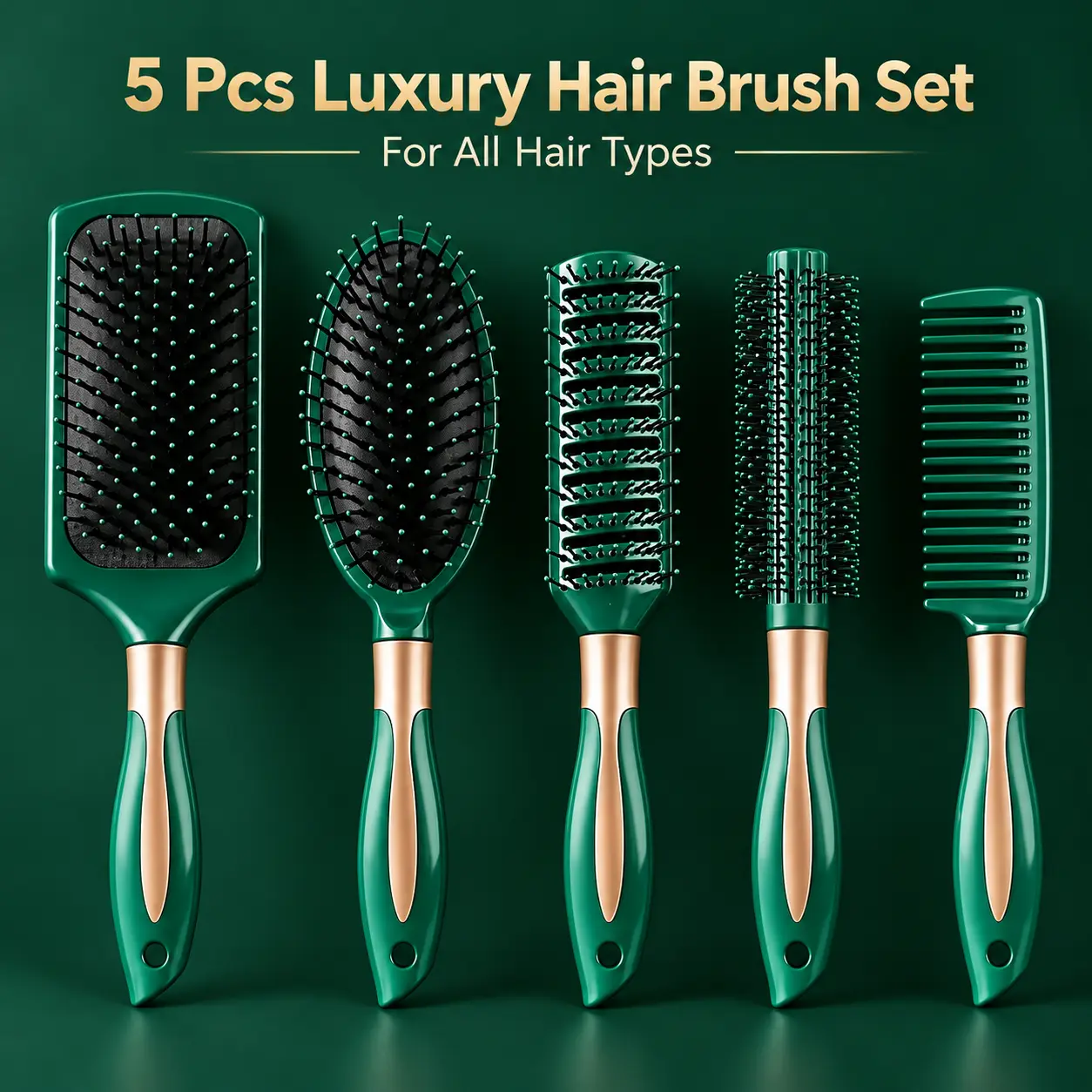 Professional Grade 5-Piece Luxury Hair Brush Set - Green & Gold Design, Gentle Detangling Styling Tool for All Hair Types