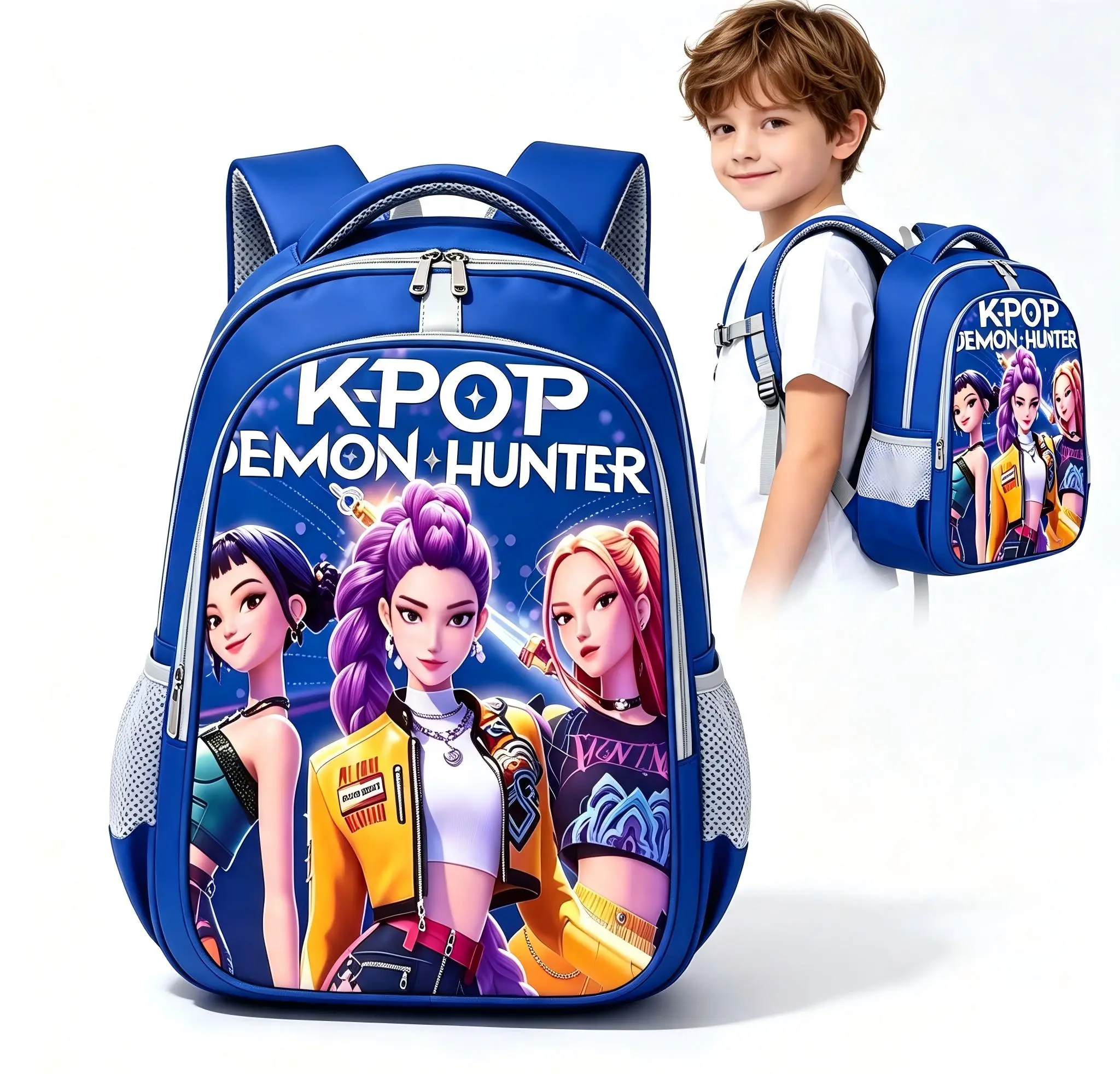 K-pop Style Girls' Dark Blue Backpack with Reflective Strips – Cartoon Design, Large Capacity, Ergonomic/Load-Reducing, Suitable for Elementary School – Back-to-School Gift