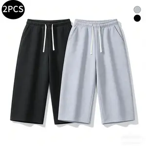 2 Piece Men's Solid Color Drawstring Shorts Loose Straight Leg Cropped Knitted Sports Pants Multifunctional Basic Casual Streetwear Daily Wear