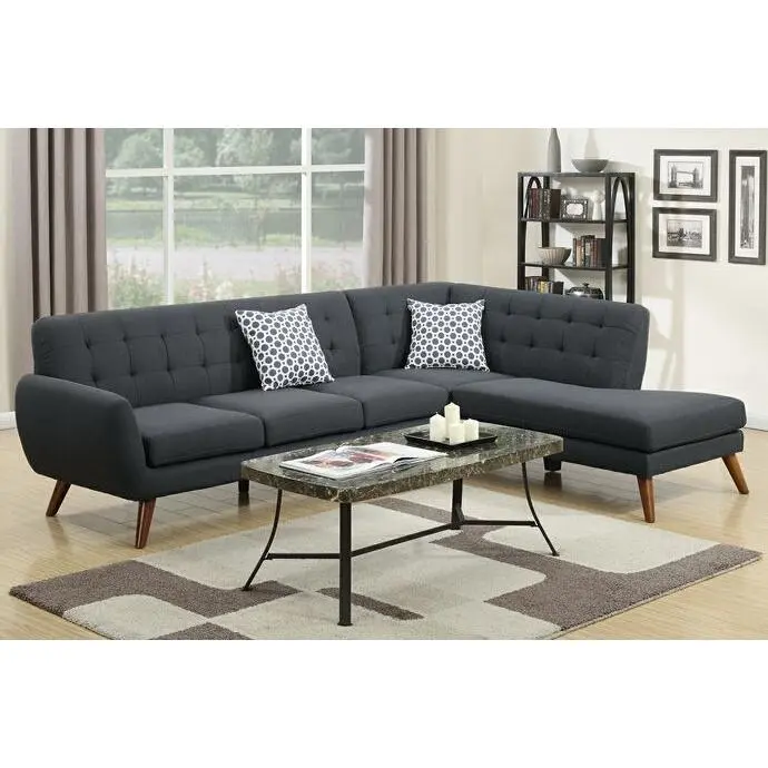 Poundex A&J Homes Studio Okeefe Abigail 2-Pc Ash Black Linen-Like Fabric Sectional Sofa Couch - Tufted Back, Mid-Century Modern, 2-Seater, Living Room Lounge Furniture
