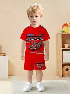 Racing Theme Set, Vintage Racing Checkered Print T-Shirt + Shorts, Casual Fitted Short Sleeve, Natural Waist, All over Print