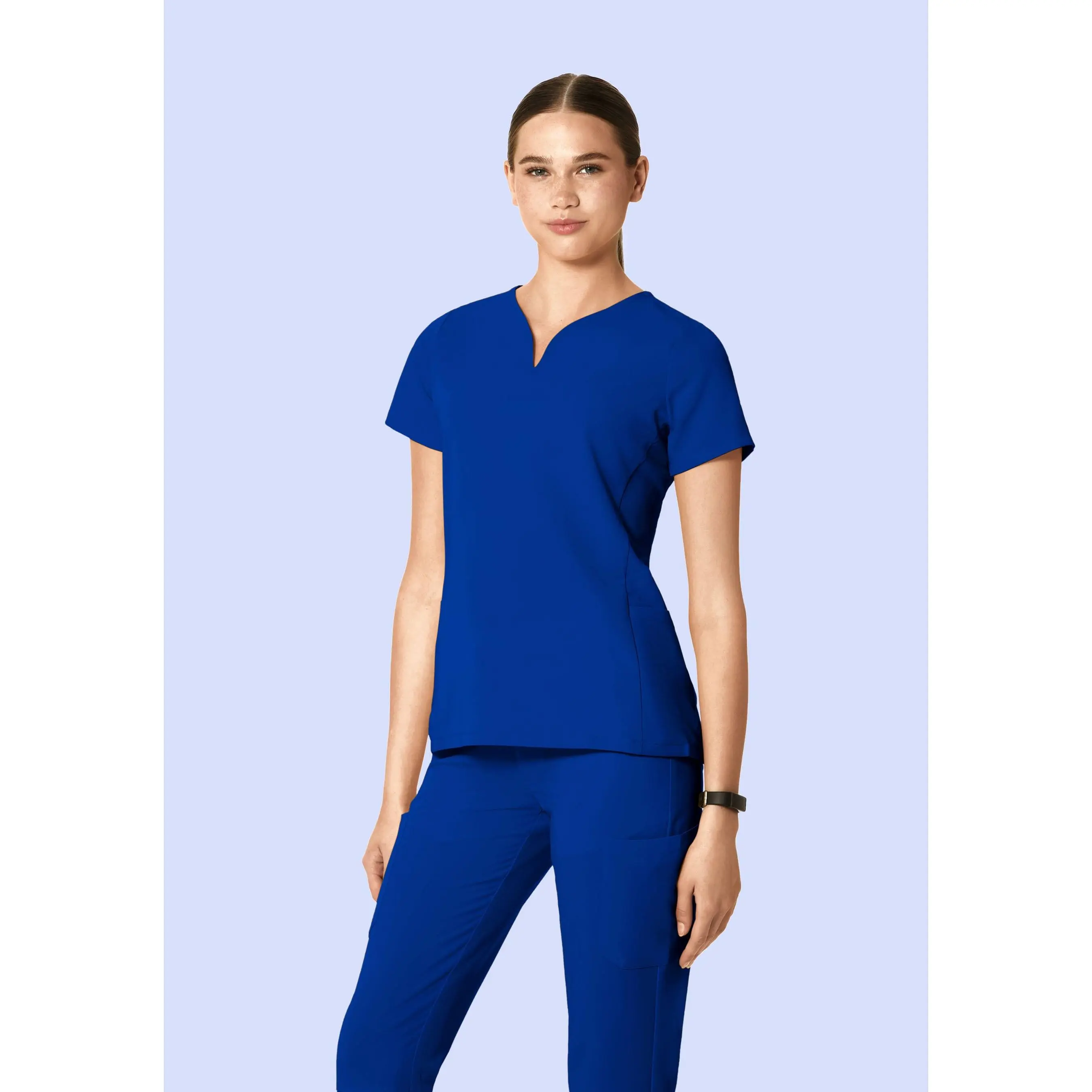 Lady's Feminine Galaxy Blue Curved V-Neck Uniform Top - Equa-tek™ 4-Way Stretch Spill-safe Fabric, 5 Pockets, Breathable Comfort Workwear Clothes for Women