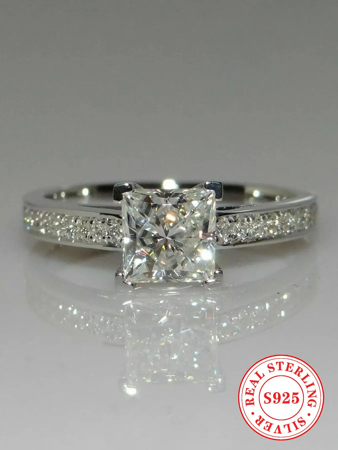 925 Sterling Silver Square Shaped Rhinestone Decorated Silver Ring, Fashion Engagement Ring for Party, Daily Clothing Decor, Exquisite Jewelry for Gif