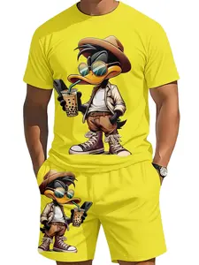Men's Bright Cool Duck Cartoon Print T-Shirt + Matching Shorts Set, Casual Loose-Fitting Two-Piece, All Seasons Wear