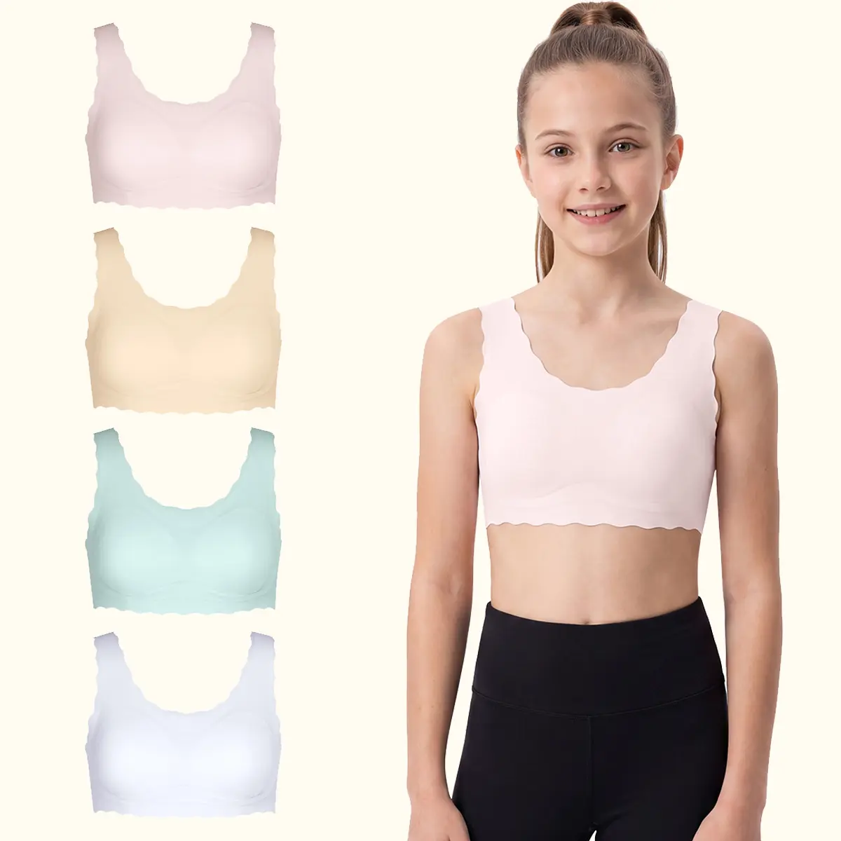【Beautyin】 Girls' Training Bras with Removable Pads | Cute Scalloped Seamless Sport Bra, No-Show & Soft Stretch Comfort for School & Active Days