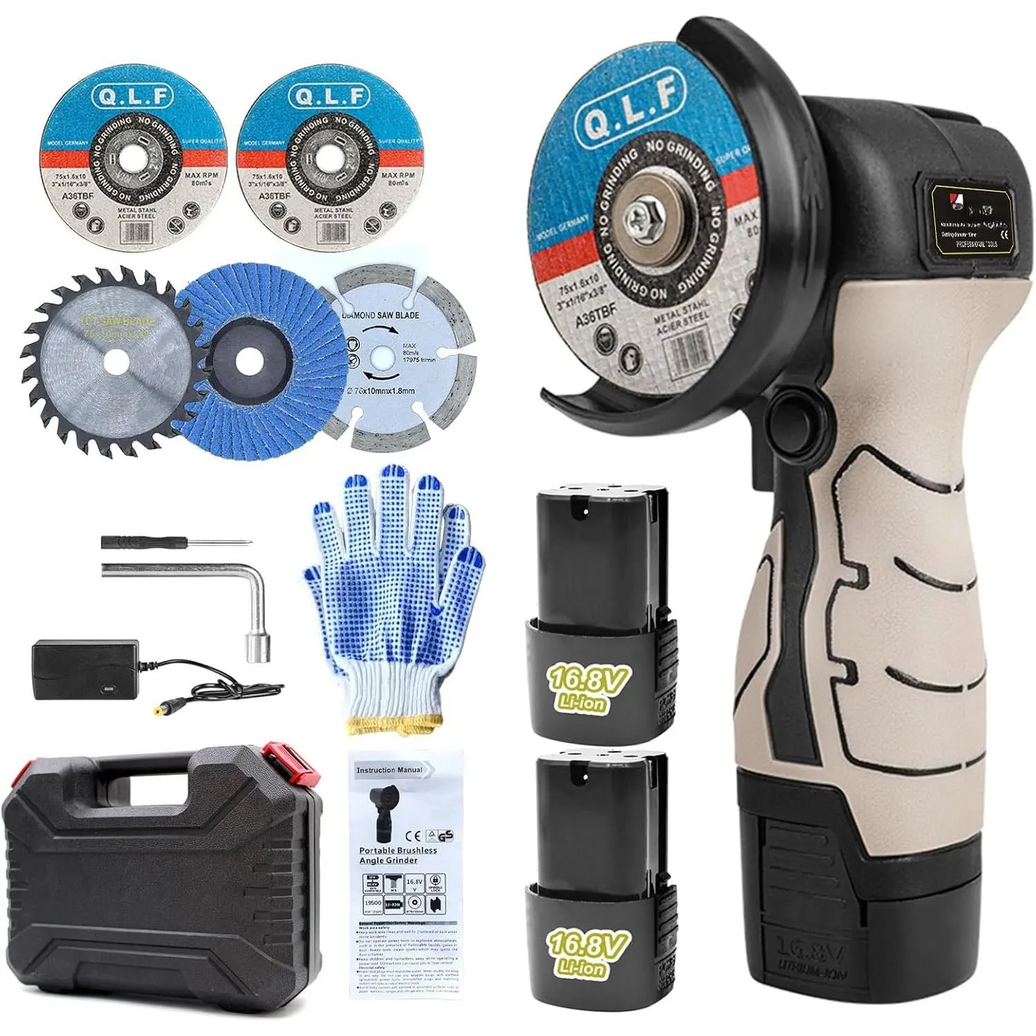 Cordless Mini Electric Angle Grinder Brush Kit, 19500rpm Power Tool with 2x16.8V 2000mAh Batteries, 5 Discs, 1xCharger, 2xGloves, 2xWrenches, 1100g Handheld Tool for Metal Work