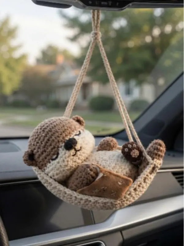 Crochet Sleeping Otter Car Hanging Ornament, Cute Otter in Hammock Rearview Mirror Charm, Handmade Cute Animal Car Interior Decor Gift