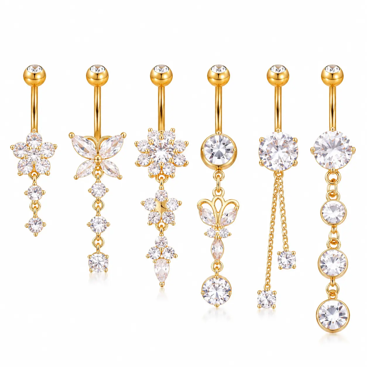 Gold-Tone Dangle Belly Button Rings, 6 Piece Set for Women, Sparkle Cubic Zirconia Curved Barbells with Butterfly, Flower & Crystal Drop Charms, Butterflies, Female, Glamorous, Bling Effect, 6 Different Designs, Dangling, Everyday, Chain Tassel, Body Jewe