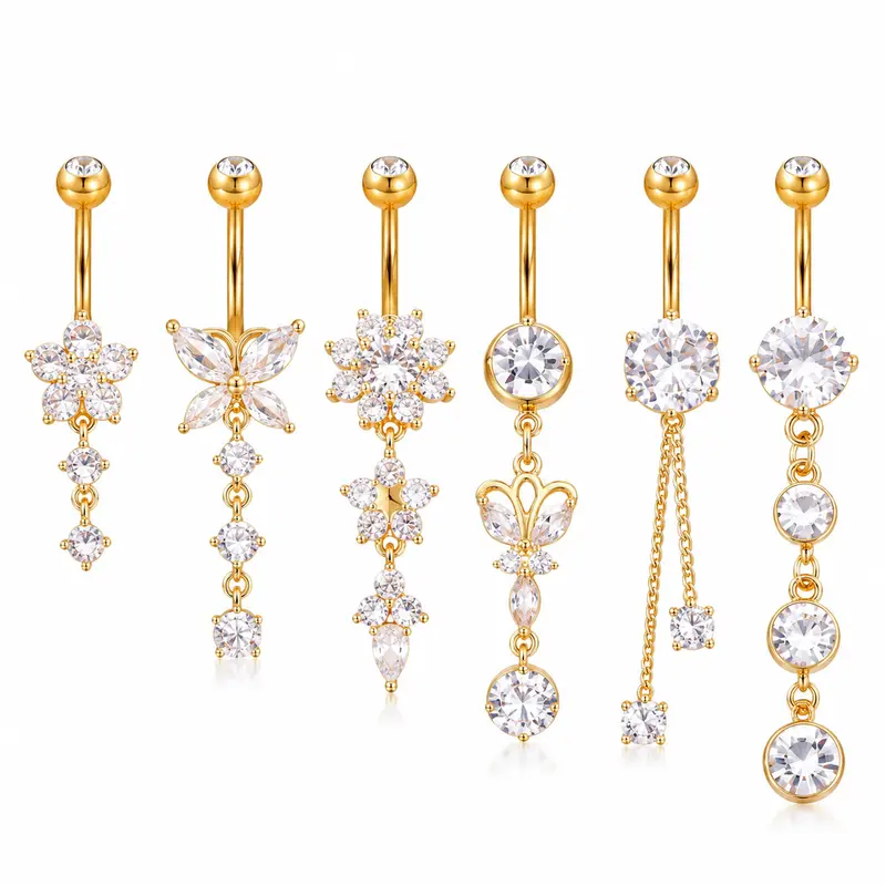 Women's 6-Piece Female Gold-Tone Dangling Belly Button Rings Set - 3.9cm-6cm Curved Barbells, 6 Different Designs (Cubic Zirconia, Flower, Crystal Drop, Chain Tassel, Butterflies, Charms) - Body Jewellery for Daily Elegance