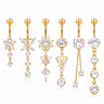 Women's 6-Piece Female Gold-Tone Dangling Belly Button Rings Set - 3.9cm-6cm Curved Barbells, 6 Different Designs (Cubic Zirconia, Flower, Crystal Drop, Chain Tassel, Butterflies, Charms) - Body Jewellery for Daily Elegance