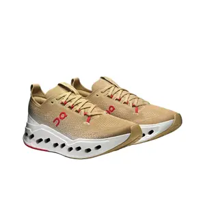 Unisex Unique Multi-Wave Hollow Cloud Cushion Platform Running Sneakers, Breathable Khaki Gradient Faded Engineered Knit Mesh Upper, Matching Khaki Flat Laces With Red Accents, Soft Padded Mesh Insole