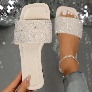 Chic Rhinestone Slide Sandals for Women Square Toe Slip-On Flat - Ideal for Summer, Dressy Occasions Casual