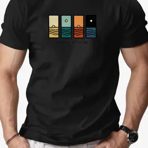 "One Day At A Time" Graphic Casual Men T-Shirt Summer Short Sleeve Round Neck Tee with Colorful Stripes Men Clothing