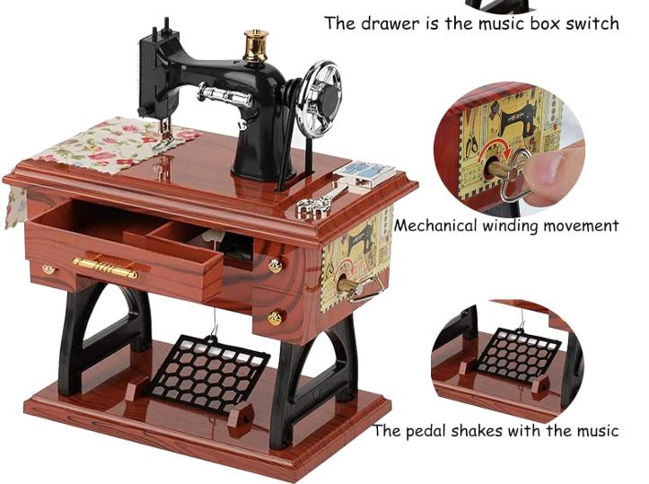Vintage Mini Sewing Machine Music Box, European Retro Classical Treadle Sewing Machine Table Desk Mechanical Clockwork Music Box for Home Decor Birthday Gift