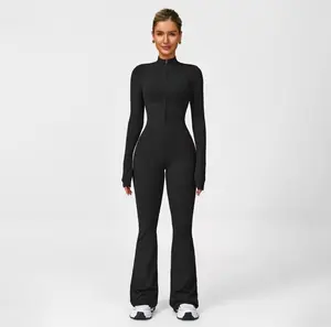 Hijesse Spring and Summer Women's Long Sleeve Flared Sports Jumpsuit with Zipper Wide Leg Bodysuit Sexy One-Piece YogaJumpsuit for Gym Casual Street Wear Tennis Skirt Shorts Tie Front Activewear Sporty Yoga Set - Womenswear, Overalls