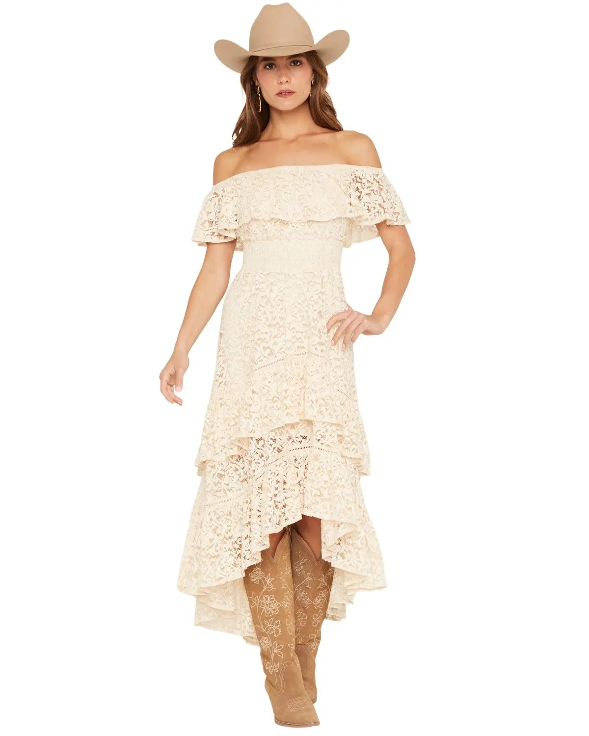 Shyanne Women's Women'S Off The Shoulder Lace Midi Dress - Swfa26d12-Nat