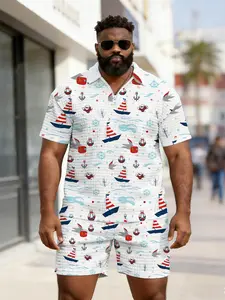 Men's Base Sailing Ocean Element Waffle Texture Polo Set, Large Size Zipper Style, Summer Casual Breathable Beach Wear