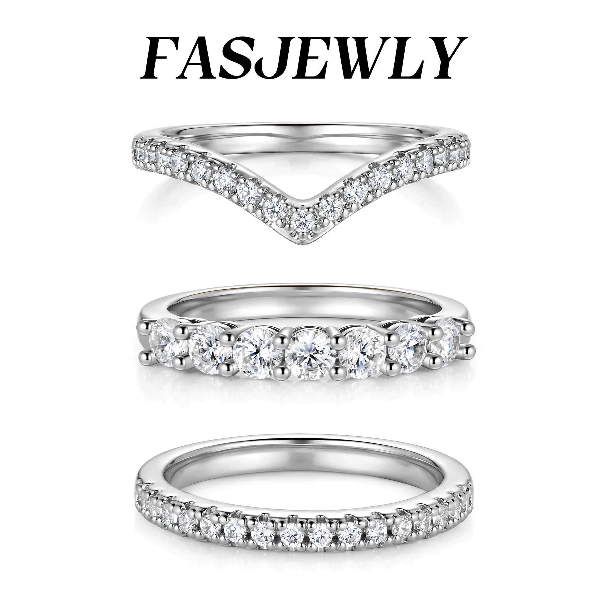 Fasjewly 3PCS Stackable Ring Set for Women – Gold Plated Cubic Zirconia Chevron V Shaped Wedding Band Set, Half Eternity Stacking Rings, Anniversary Gift for Her, Size 5-10