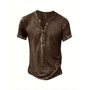 Mens Distressed Henley Shirts Retro Short Sleeve Tee Casual Button Washed T-Shirts for Men  Appropriaty