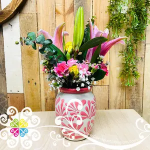 Pink Espiga Plumeado Bola Clay Vase - Florero Barro