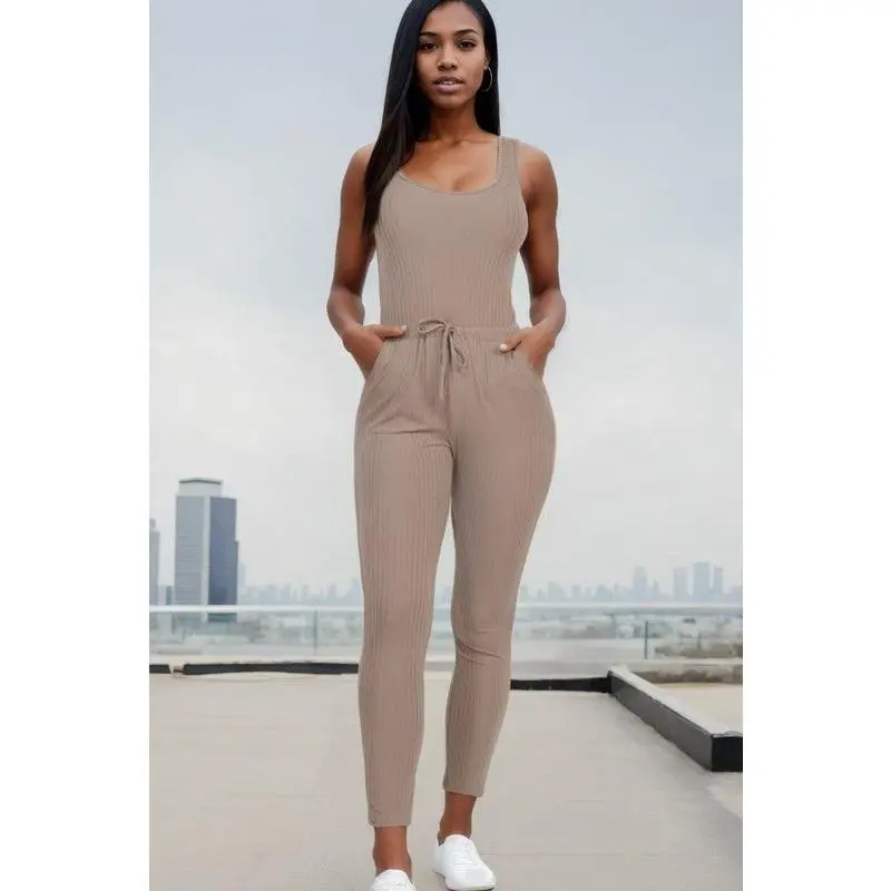 Ribbed Sleeveless Drawstring Catsuit Jumpsuit - Solid Pattern Bodycon Fit Spaghetti Strap All Seasons Casual Lounge Wear