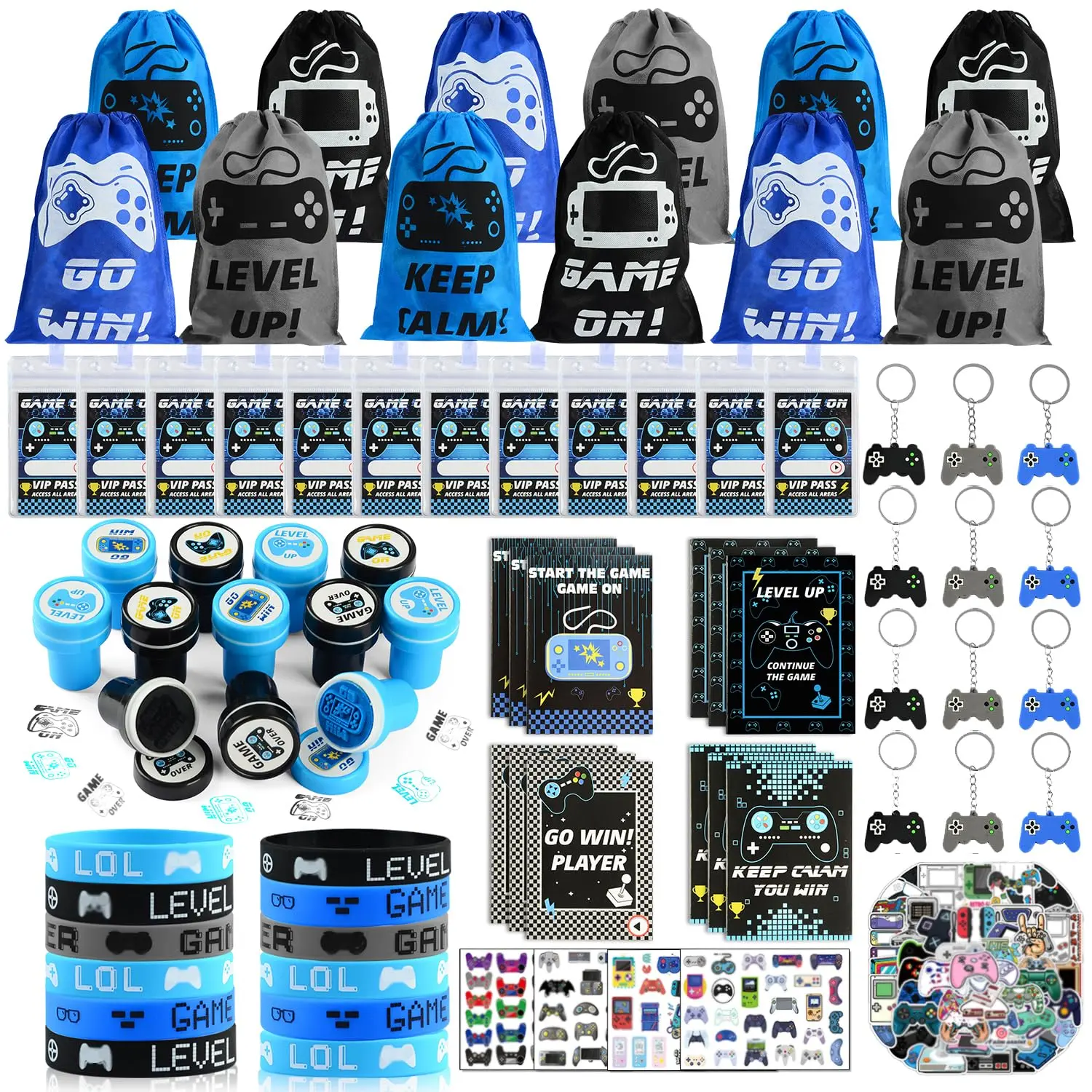126-Piece Video Game Party Favors Set — Birthday Party Favors Including Drawstring Bags, VIP Passes, Stamps, Notebooks, and Games — Gamer Party Supplies play