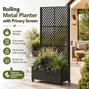 Rolling Metal Raised Garden Bed with Trellis Planter Box for Climbing Plants 73x35x16 Outdoor Patio Privacy Screen Lockable Wheels Vegetables Tomatoes Vertical Gardening Vine Support Grow Container Drainage Holes