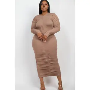 Curvy Plus Size Ruched Long Sleeve Midi Dress