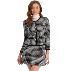 INSPIRE CHIC Women's Outfits Plaid Tweed Short Blazer and Skirt Suit Set 2 Pieces Medium Black