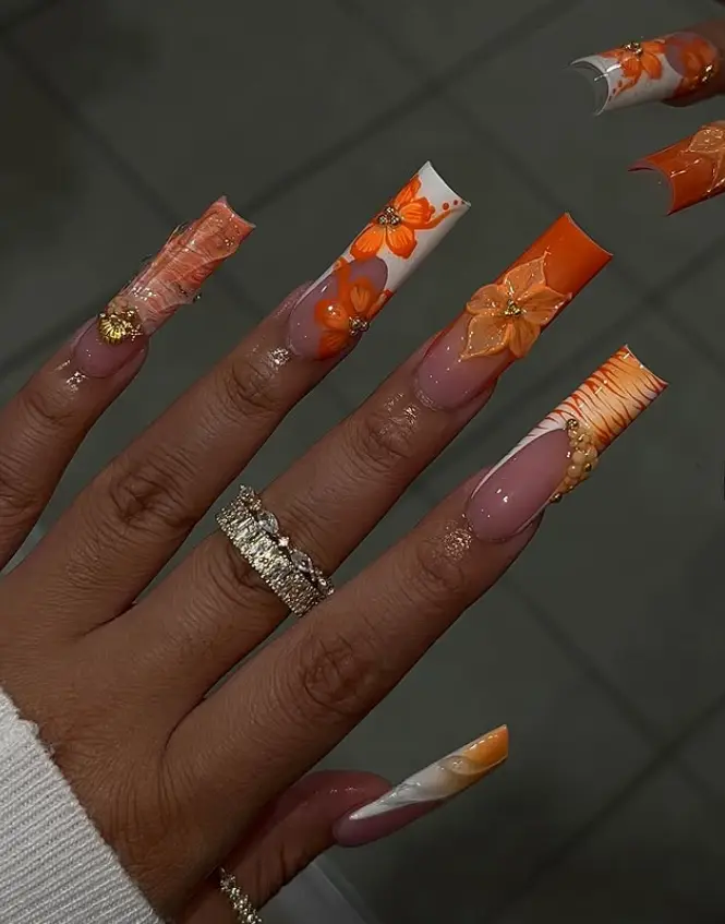 Tropical Orange Ombre Press On Nails Long Square Fake Nails 3D Floral Rhinestone Summer Textured Reusable False Nails Women Vacation Party Stick On Nails Handmade Custom Acrylic Nail Art TikTok Viral Beauty Trendy Bright DIY Manicure Gift