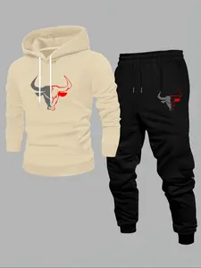 Men's Fall Winter Hoodie Casual Matching Set, Bull Cow Print Hooded Sweatshirt + Drawstring Casual Pants, Fitted Regular Length, Moderate Fabric, 2 Piece Pack, Athletic