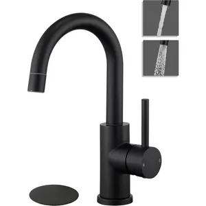 Black Bathroom Sink Faucet, Single Hole Bathroom Faucet with Sprayer, RV Vanity Small Kitchen Faucet with 360? Rotation Spout, Matte Black Bar Sink Faucet with Pop Up Drain, 24"  Hoses