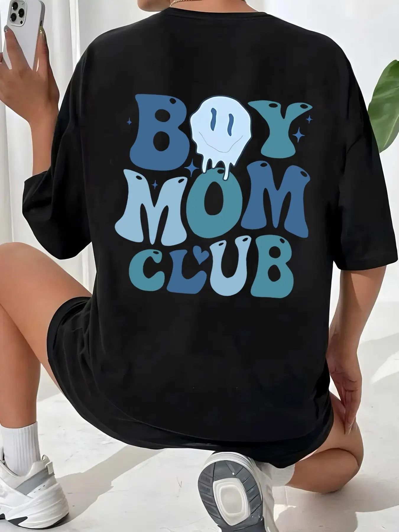 Women's Cartoon Face & Letter Print Drop Shoulder Tee, Casual Comfy Graphic Half Sleeve Round Neck T-shirt for Daily Wear, Women's Top for All Seasons