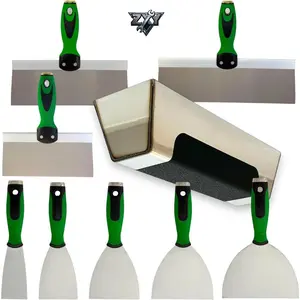 Flexible Stainless Steel Drywall Taping Knife Set, 8/10/12" Coating & Putty Blades with Curved Palm-Contoured Handles, Includes 12" Mud Pan and Grip