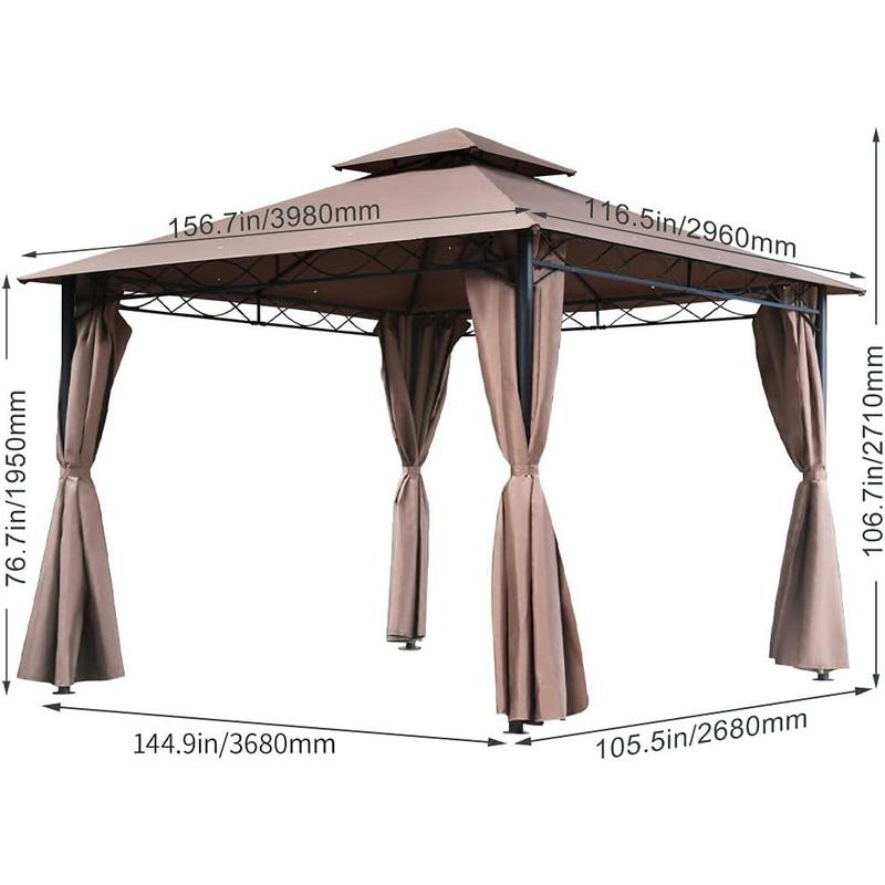FDW 10'x13' Outdoor Patio Gazebo Heavy Duty Steel Frame Canopy with Double Roof, Privacy Curtains, for Garden, Backyard, and Lawn (Brown)