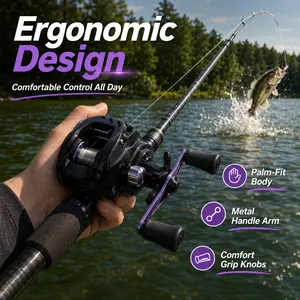 Baitcasting Fishing Reel 7.2:1 High Speed 17.64LB Max Drag 5+ Bearings Magnetic Brake System Anti-Backlash Reel Stylish Black & Purple Design for Bass Pike Trout