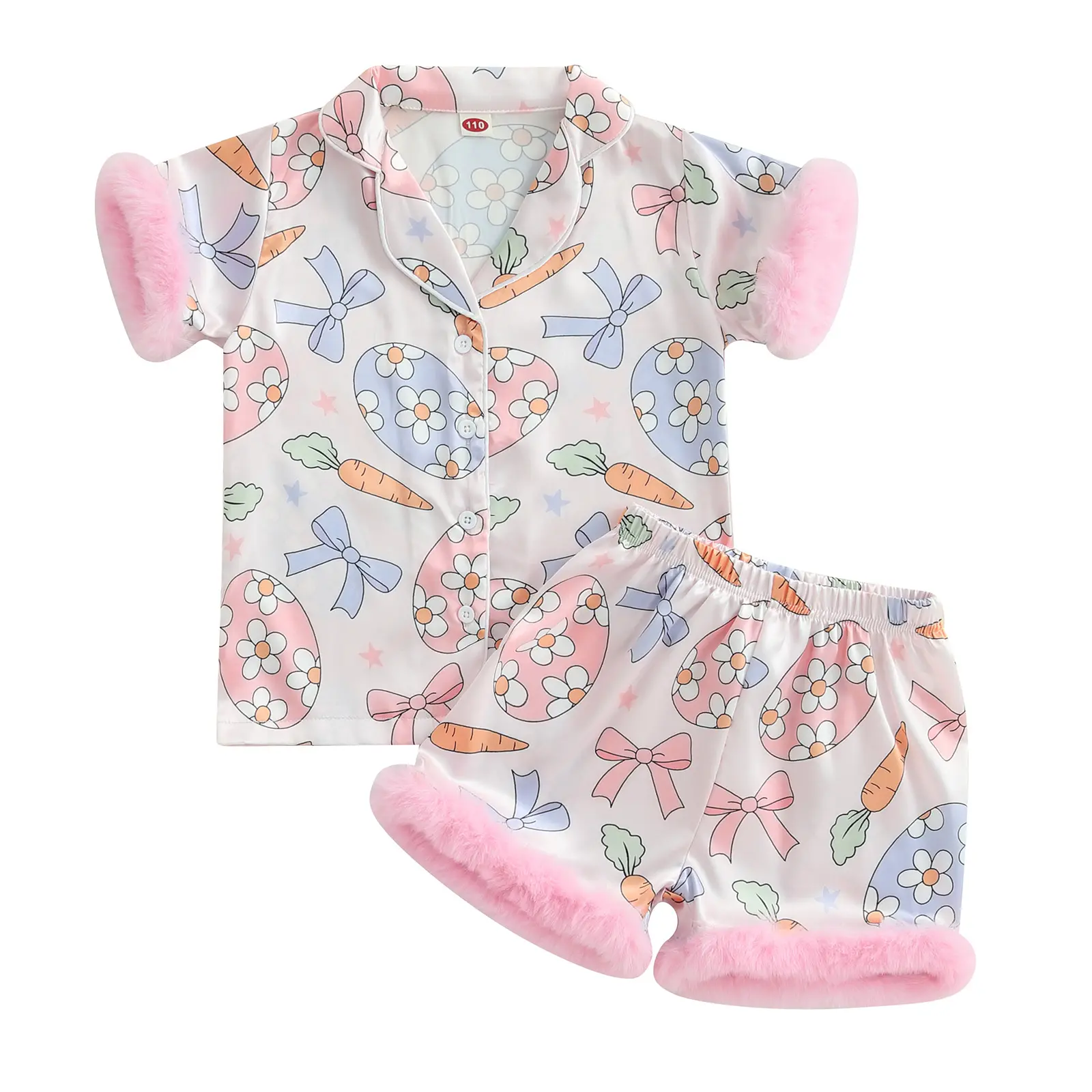 Toddler Kids Baby Girl Easter Pajamas Set Feather Trim Eggs Carrot Print Short Sleeve Button Down Shirt Tops Shorts Stain 2Pcs Pjs Sleepwear