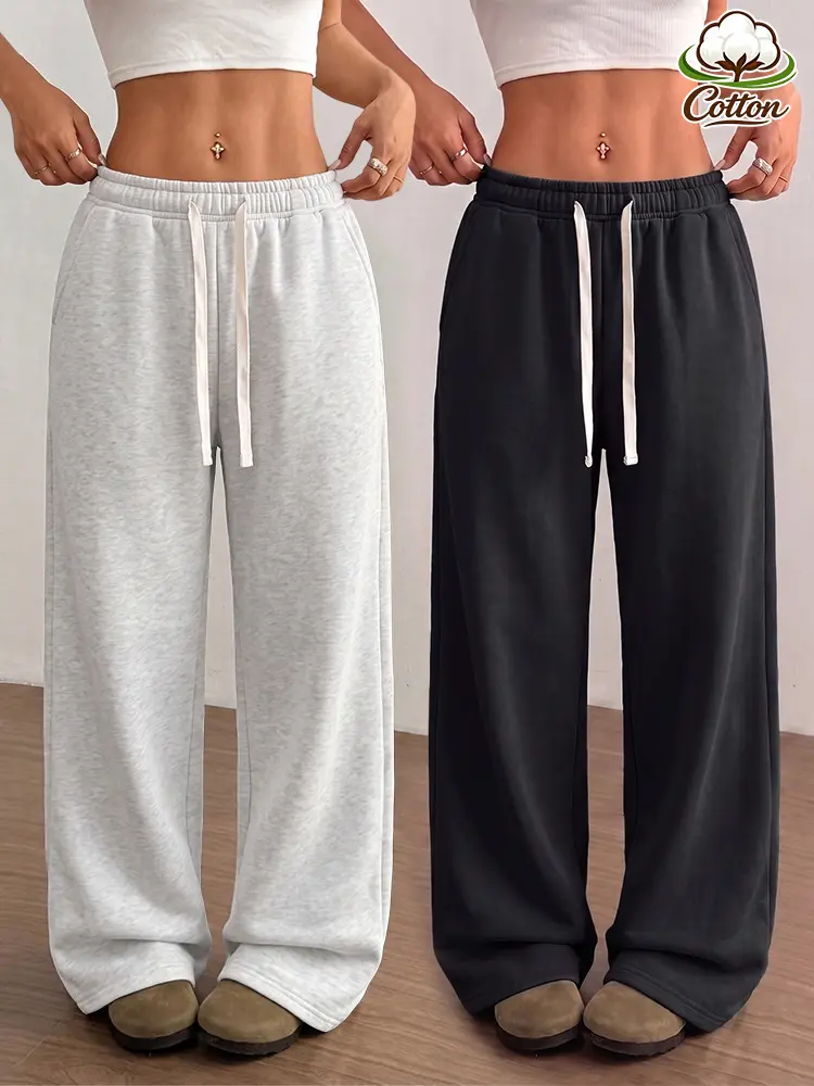 2 Pack Versatile Wide Leg Lounge Trousers For Women, All Elastic Draw Waist With Contrast Cream Drawcords, Soft Cotton Blend Fabric Casual Outdoor Pants Bundle