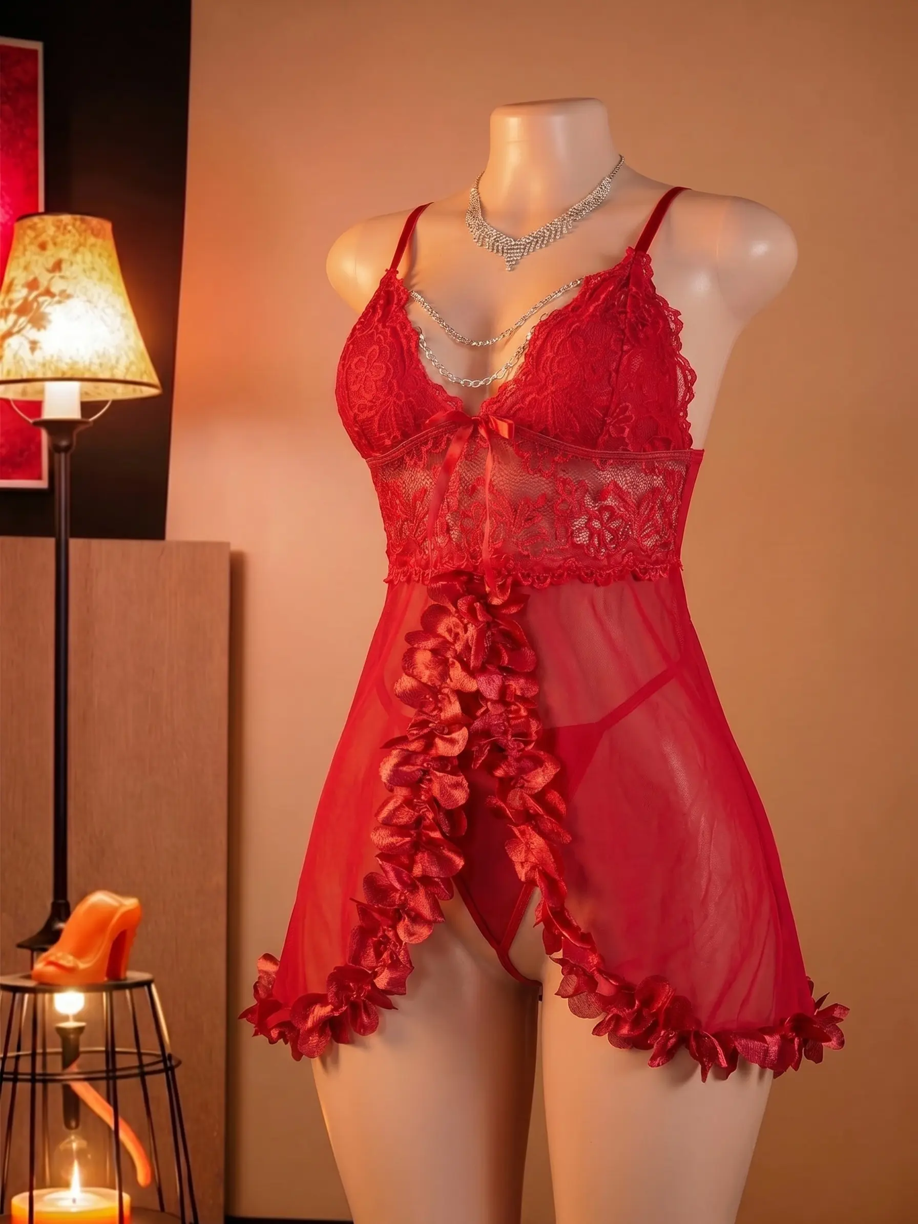 Women's Silky Smooth Lace Halter Neck Bodysuit - Bridal Teddy Lingerie with Adjustable Spandex Straps, Drape Ruffle Bottom Skirt