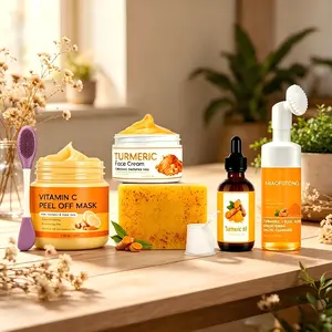 Turmeric 6-Piece Skincare Set with Massage Cleansing Brush – Includes Turmeric Clay Mask, Turmeric Mousse Cleanser, Turmeric Soap, Turmeric Face Cream, and Turmeric Oil. A complete cleansing and skincare kit
